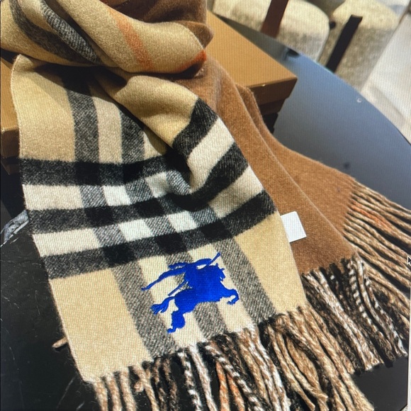 Burberry Tan and Black Checkered Scarf with Blue Logo - Picture 1 of 3